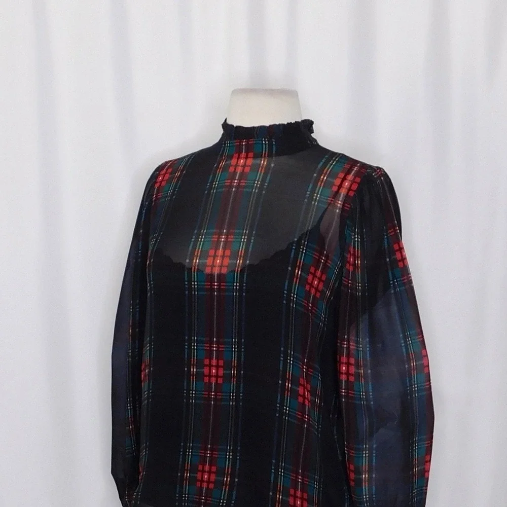 NWT! J. CREW Ruffleneck Top Stewart Tartan Plaid Chiffon Festive Preppy XX-Small